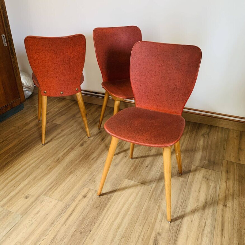 Conjunto de 3 cadeiras vintage modelo 800 em madeira e vinil para Baumann, 1950
