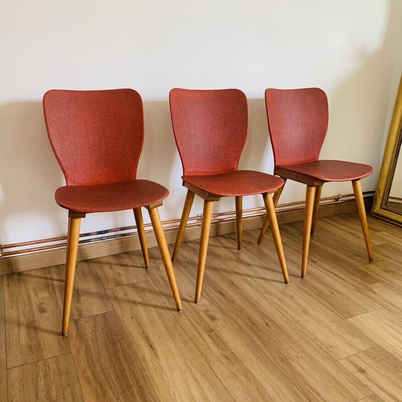 Conjunto de 3 cadeiras vintage modelo 800 em madeira e vinil para Baumann, 1950