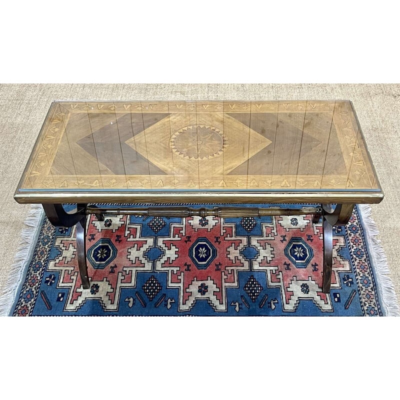 Vintage marquetry and glass plate coffee table, England 1950