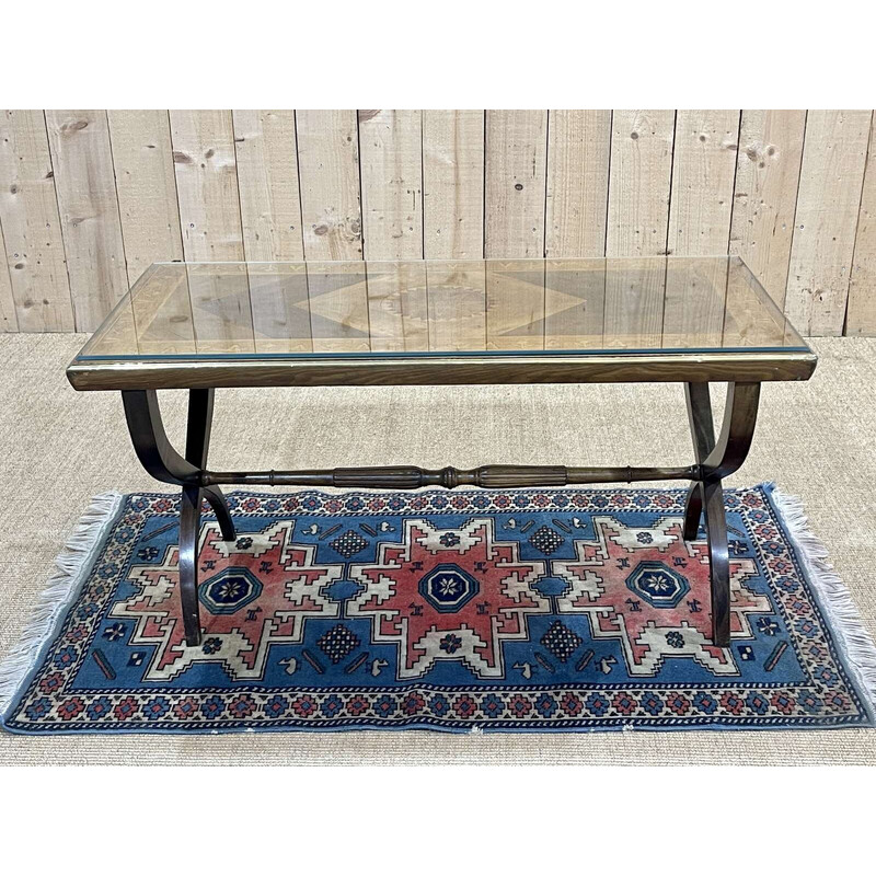 Vintage marquetry and glass plate coffee table, England 1950