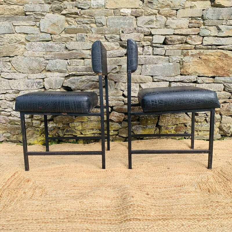 Set of 4 vintage low chairs in black metal and matte black skai, 1980