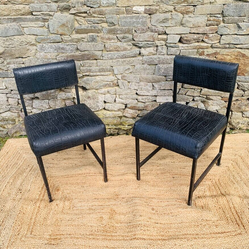 Set of 4 vintage low chairs in black metal and matte black skai, 1980