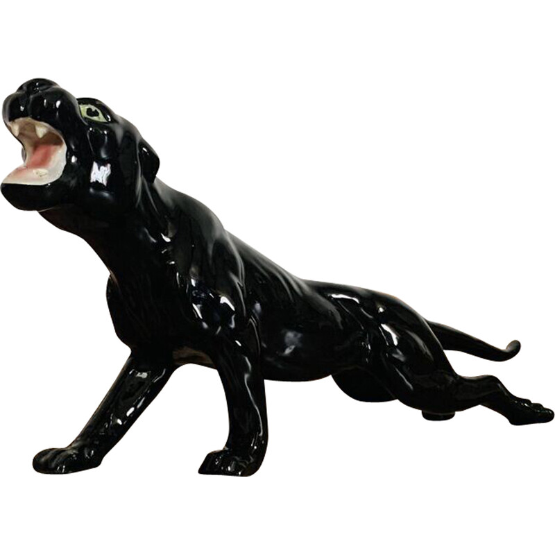 Vintage black ceramic panther with green eyes from Monaco