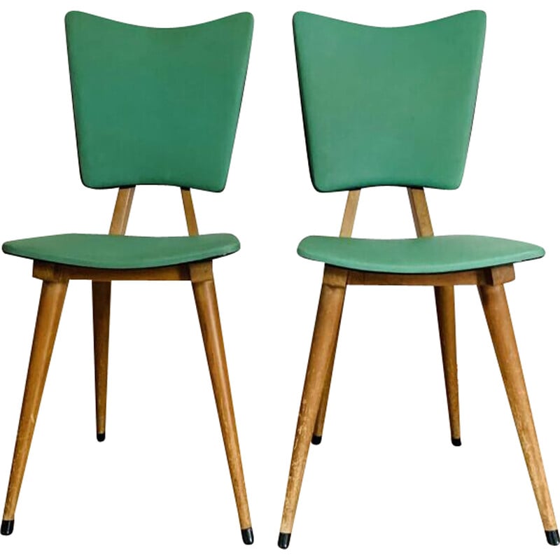 Pair of vintage chairs in light wood and green skai, 1950
