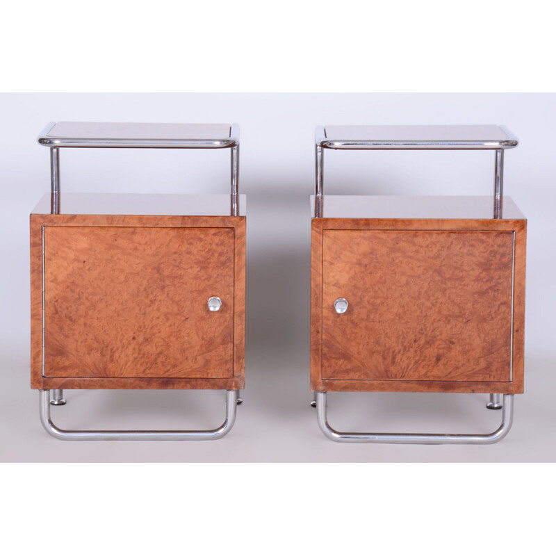 Pair of vintage Bauhaus bedside tables in chrome steel and solid wood by Hynek Gottwald, Czechoslovakia 1930