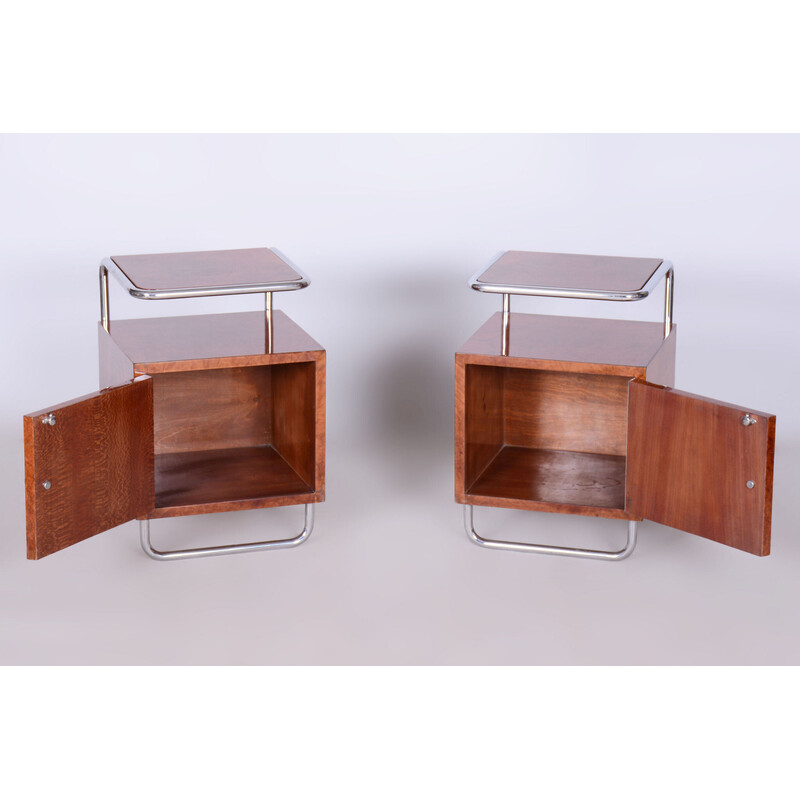 Pair of vintage Bauhaus bedside tables in chrome steel and solid wood by Hynek Gottwald, Czechoslovakia 1930