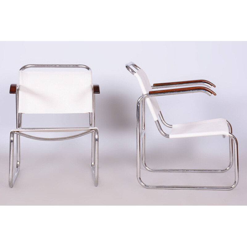 Pair of vintage Bauhus armchairs in beech and chrome steel, Czechoslovakia 1930