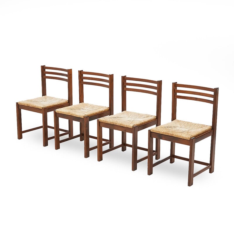 Set of 4 vintage chairs in solid wood and woven straw, Italy 1970