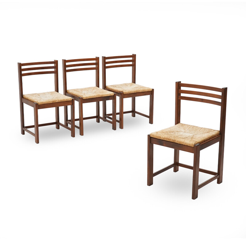 Conjunto de 4 cadeiras vintage em madeira maciça e palha tecida, Itália 1970
