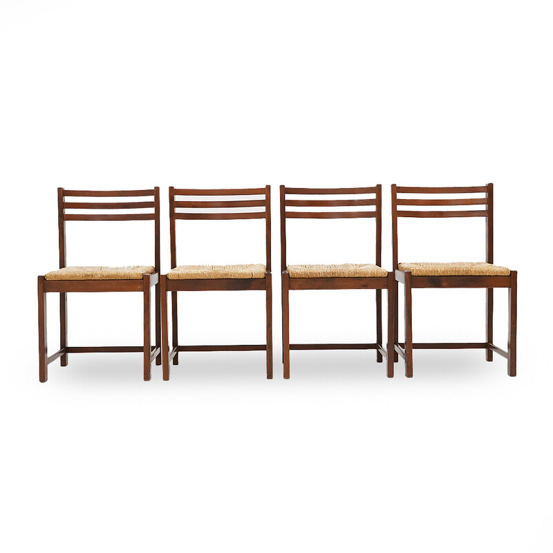 Set of 4 vintage chairs in solid wood and woven straw, Italy 1970