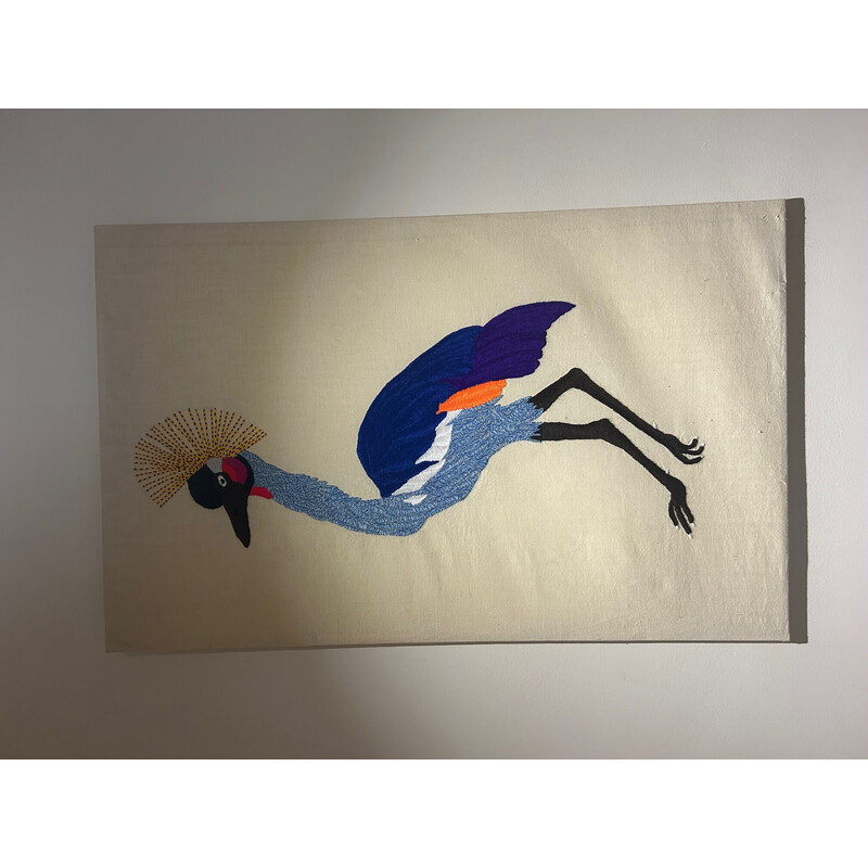 Vintage bird tapestry mounted on stretched cotton, 1970