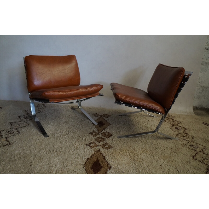 Pair of vintage Joker armchairs in stainless steel and leatherette fabric by Olivier Mourgue for Airborne