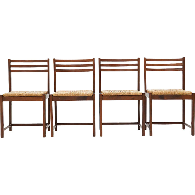 Conjunto de 4 cadeiras vintage em madeira maciça e palha tecida, Itália 1970