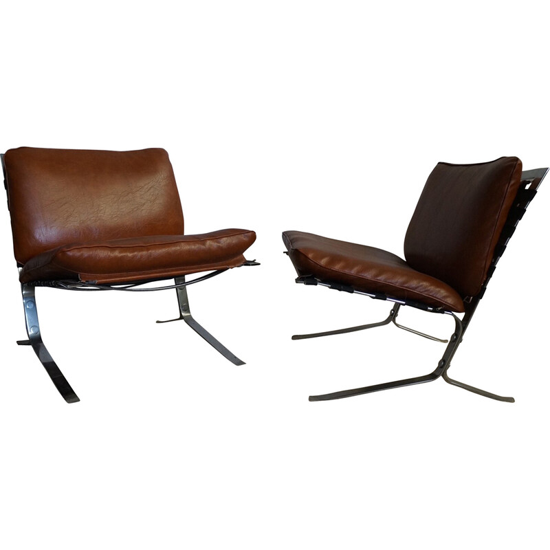 Pair of vintage Joker armchairs in stainless steel and leatherette fabric by Olivier Mourgue for Airborne