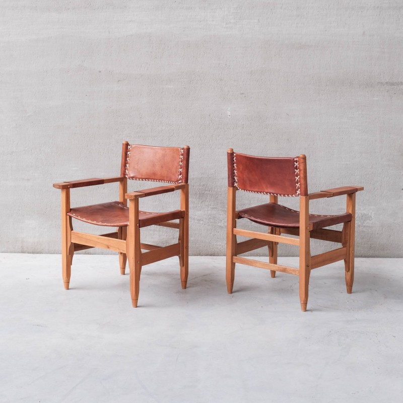 Pair of vintage leather and wood armchairs, France 1970