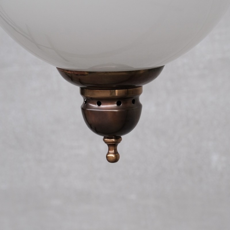Vintage ball pendant lamp in patinated brass and engraved glass, Italy 1960