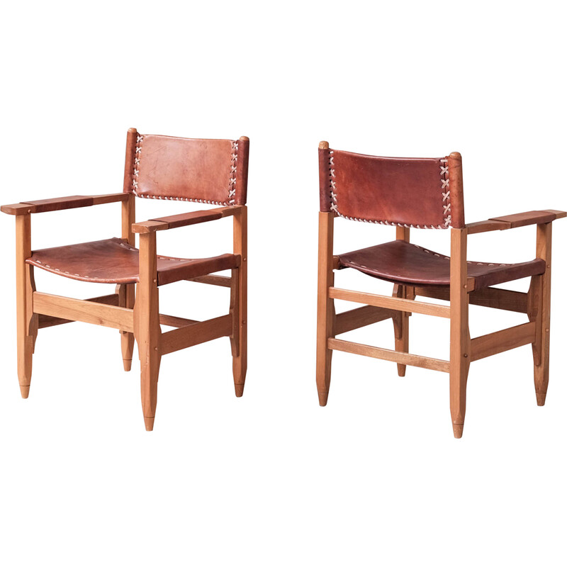 Pair of vintage leather and wood armchairs, France 1970