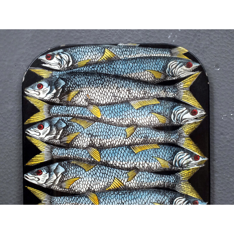 Tabuleiro de metal lacado vintage com decoração de peixes por Fornasetti Piero, Itália 1950