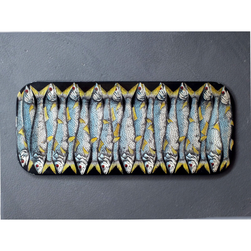 Vintage lacquered metal tray with fish decoration by Fornasetti Piero, Italy 1950