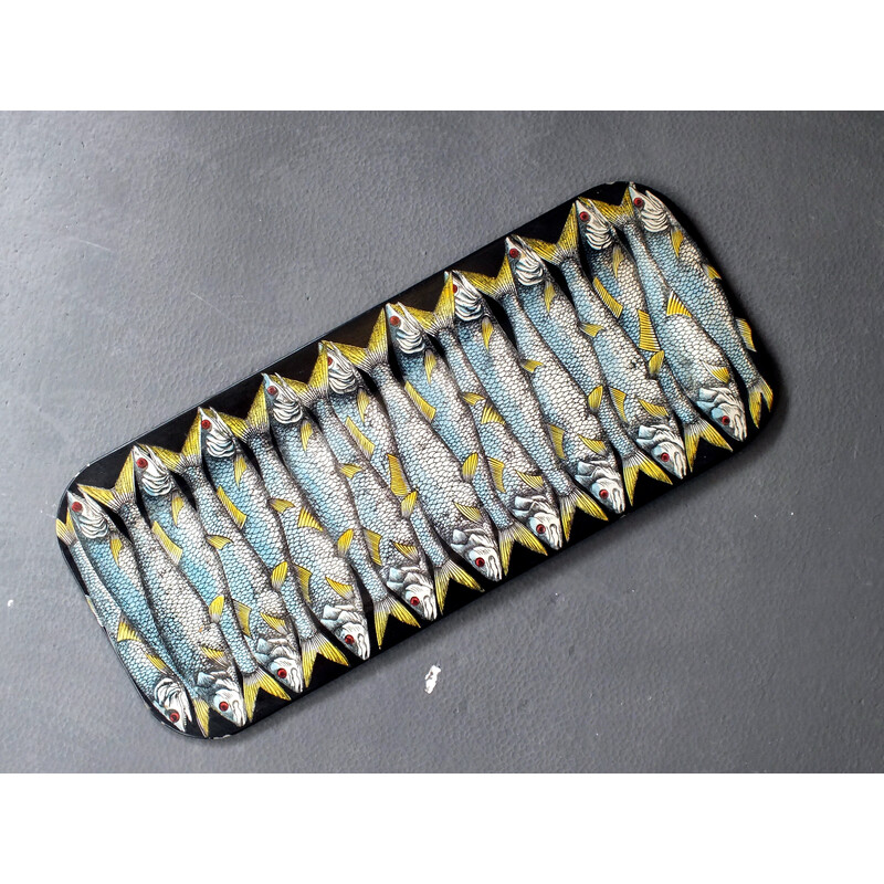 Vintage lacquered metal tray with fish decoration by Fornasetti Piero, Italy 1950