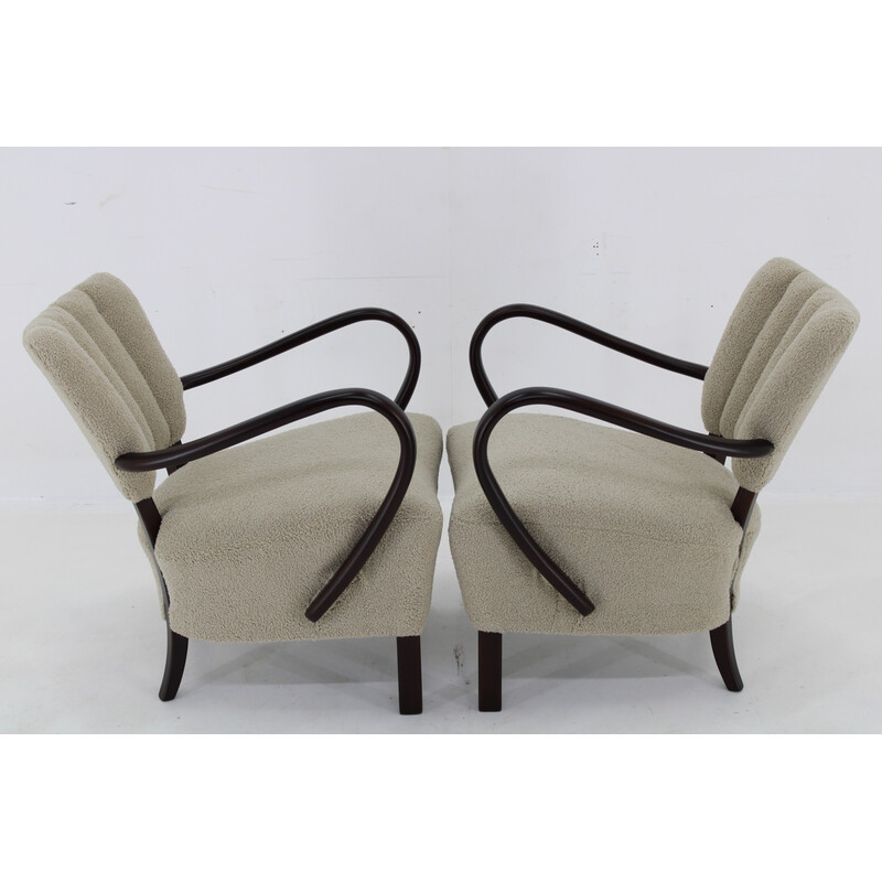 Pair of vintage H-237 armchairs in wood and Boucle fabric by Jindrich Halabala, Czechoslovakia 1930