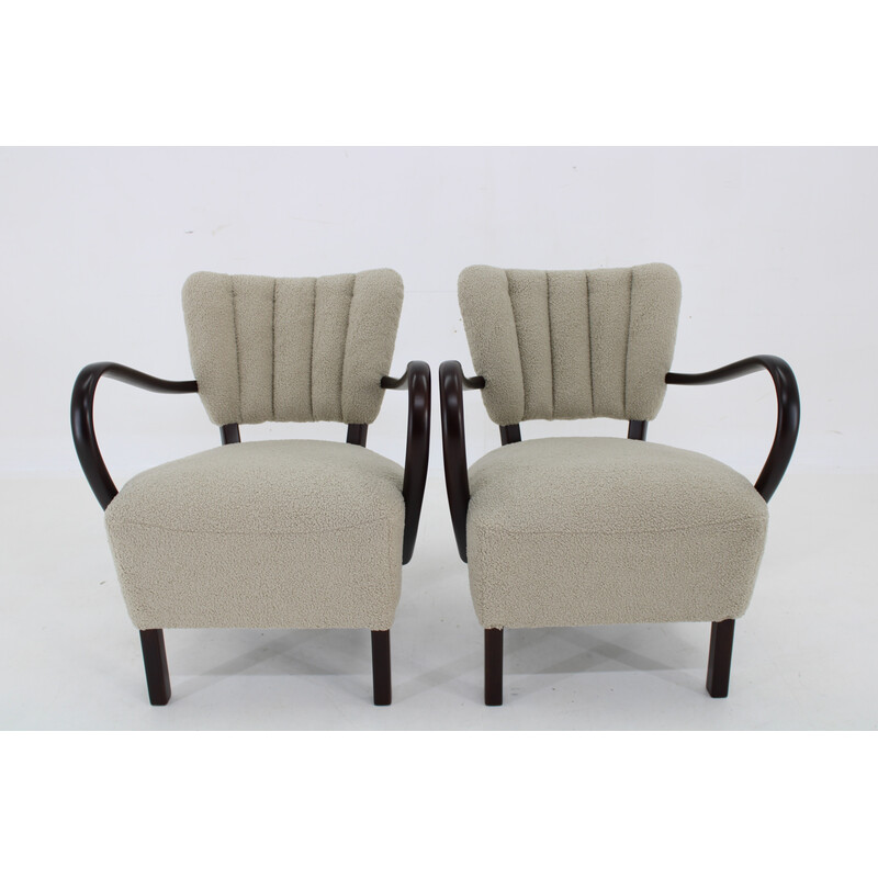 Pair of vintage H-237 armchairs in wood and Boucle fabric by Jindrich Halabala, Czechoslovakia 1930