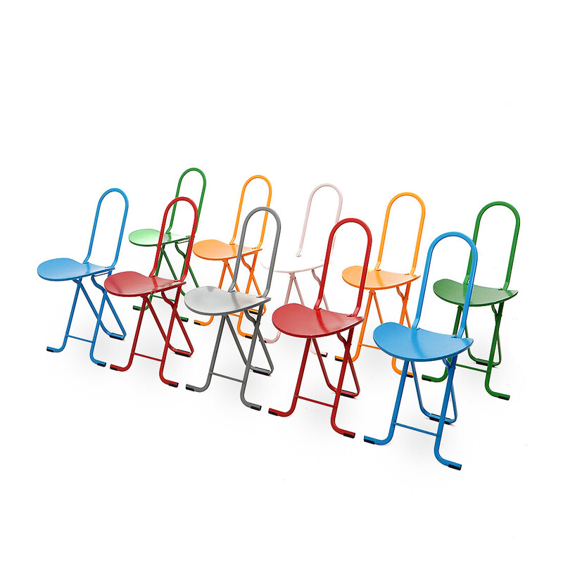 Conjunto de 10 cadeiras dobráveis "Dafne" vintage em madeira de bétula e metal de Gastone Rinaldi para Thema, 1980