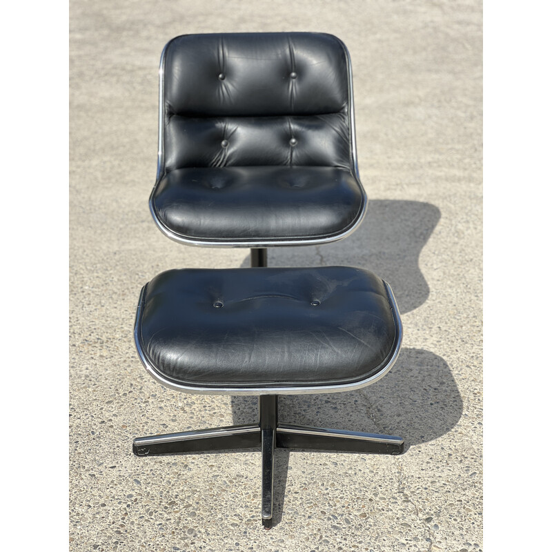Vintage Pollock armchair with ottoman in black leather and aluminum for Knoll, 1968