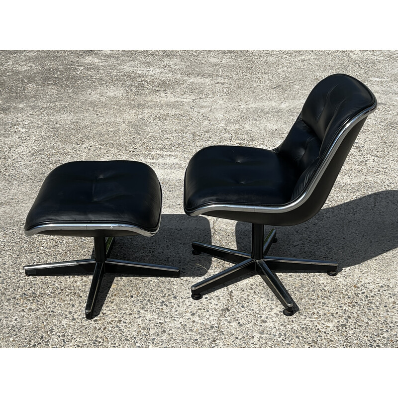 Vintage Pollock armchair with ottoman in black leather and aluminum for Knoll, 1968