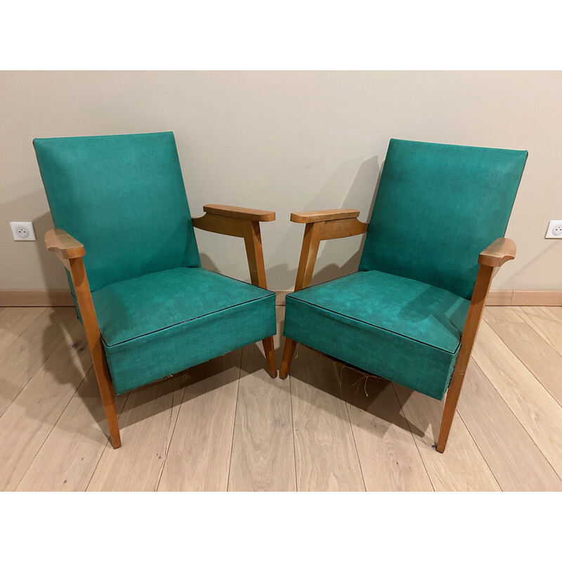 Pair of vintage armchairs in blond oak, 1950