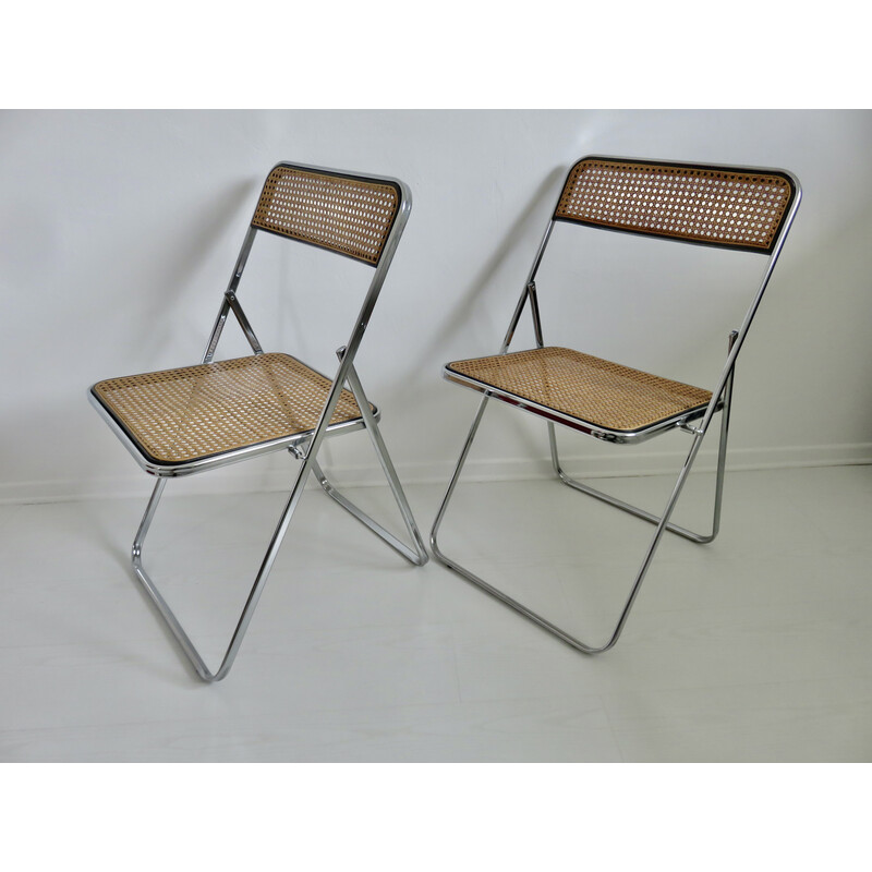 Pair of vintage "Elios" chairs in chrome metal and canework, Italy 1980