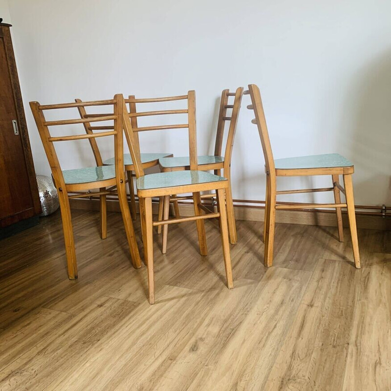 Set of 5 vintage Baumann chairs in blond beech and formica seats, 1970
