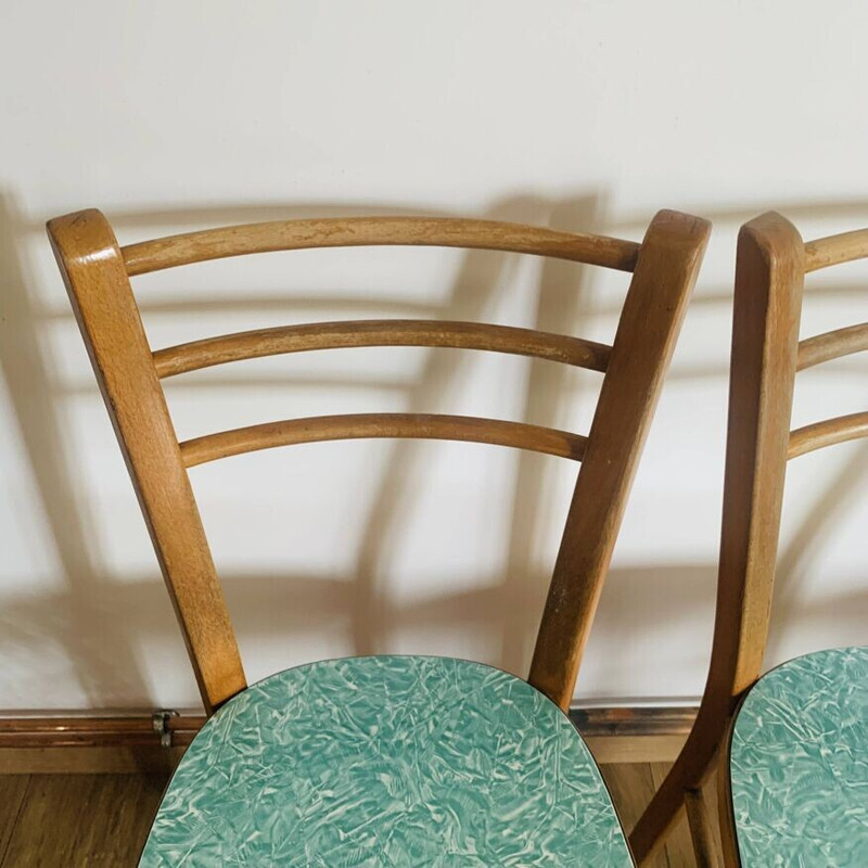 Set of 5 vintage Baumann chairs in blond beech and formica seats, 1970