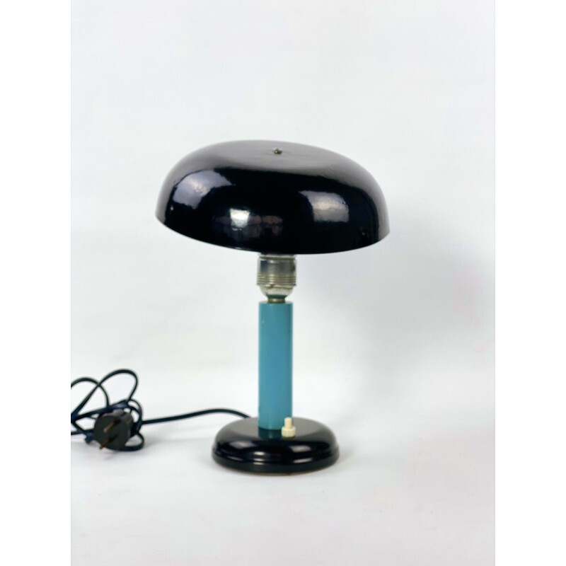 Vintage Bauhaus bedside lamp in black lacquered metal and blue painted wood, 1930