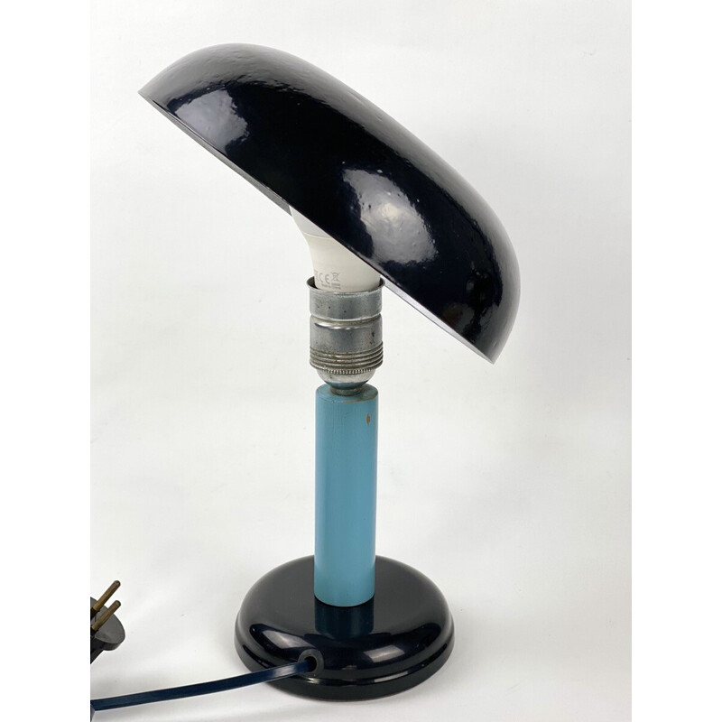 Vintage Bauhaus bedside lamp in black lacquered metal and blue painted wood, 1930