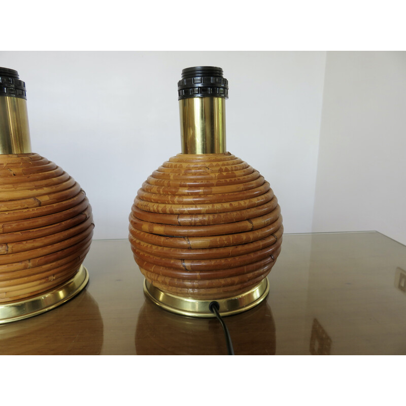 Pair of vintage rattan and bamboo lamps, Italy 1970