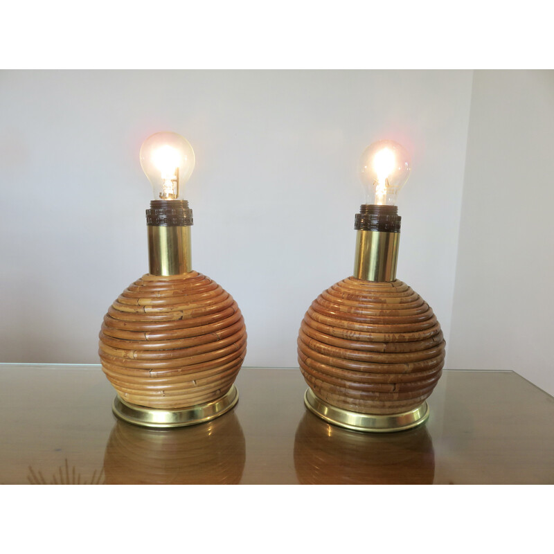 Paire de lampes vintage en rotin et bambou, Italie 1970