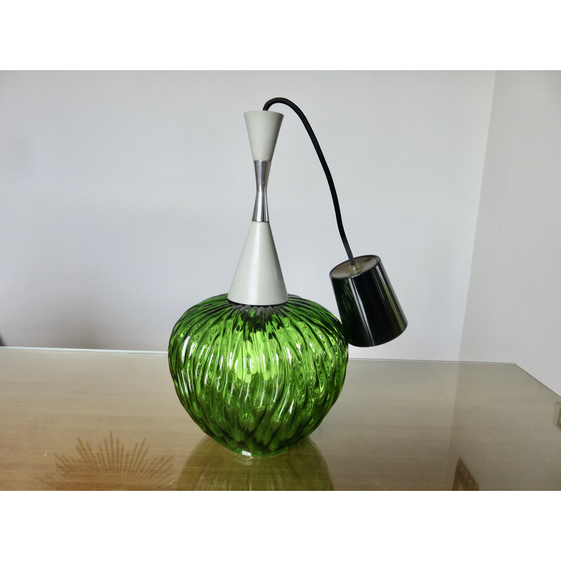 Vintage pendant lamp in chrome metal and green blown glass by Targetti Sankey, Italy 1970