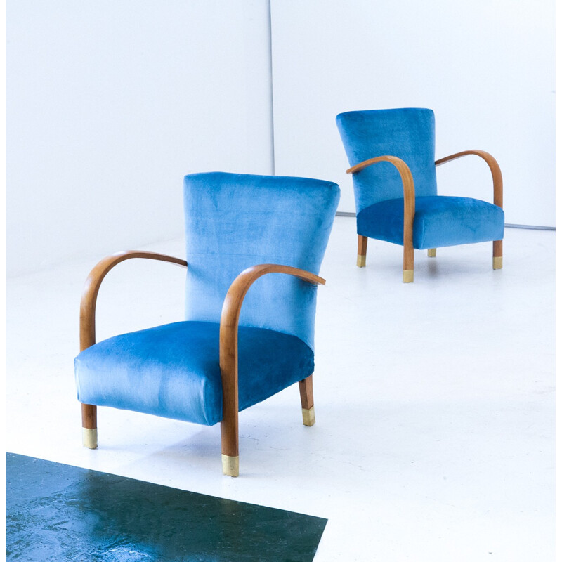 Set of 2 blue Italian velvet & brass armchairs - 1940s 