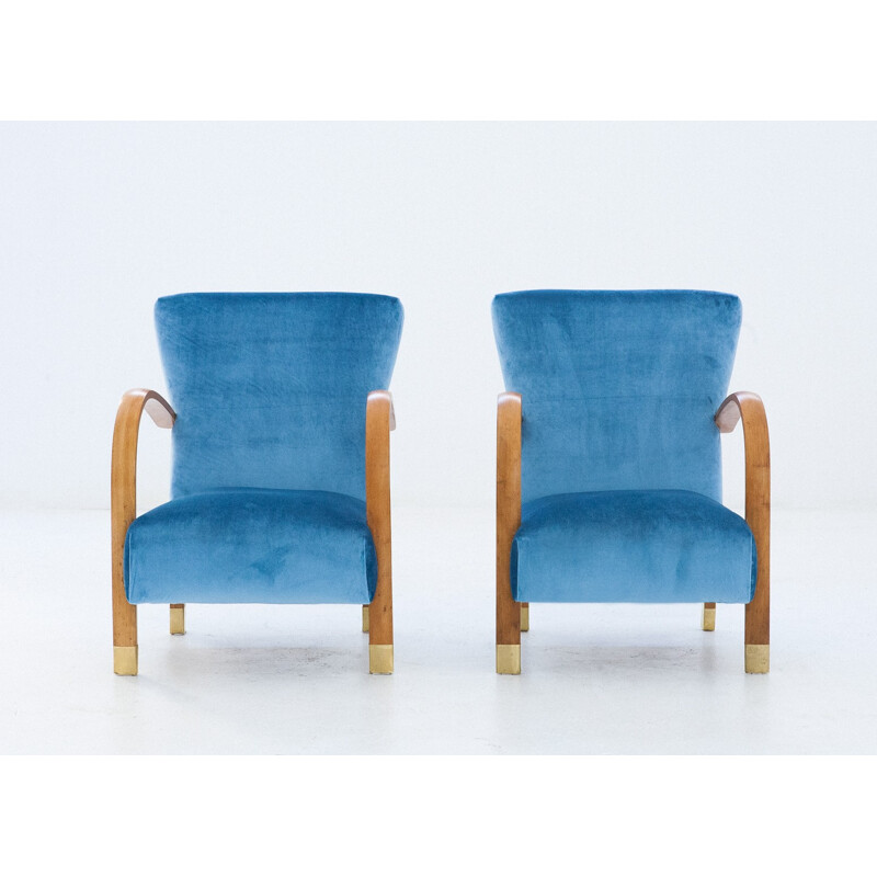 Set of 2 blue Italian velvet & brass armchairs - 1940s 
