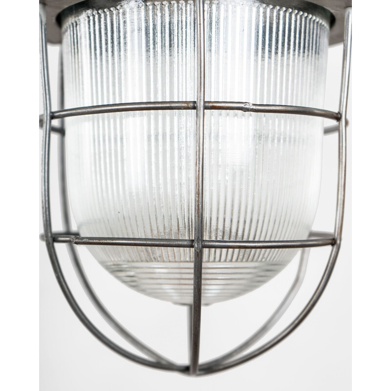 Vintage industrial Bunker pendant lamp in iron and grated glass, Poland