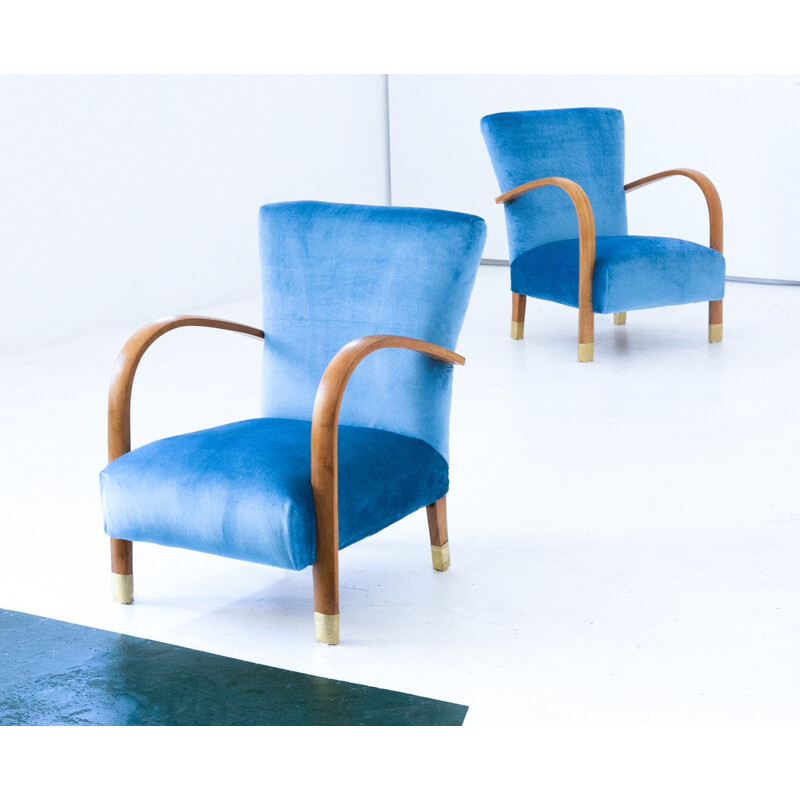 Set of 2 blue Italian velvet & brass armchairs - 1940s 