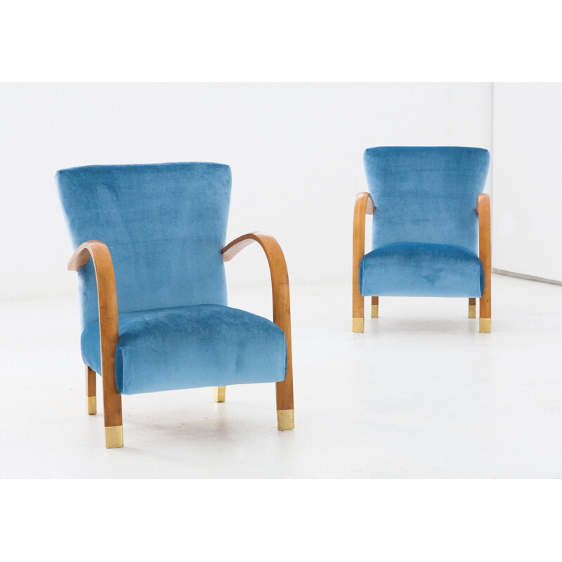 Ensemble de 2 fauteuils italiens bleus en velours et laiton - 1940