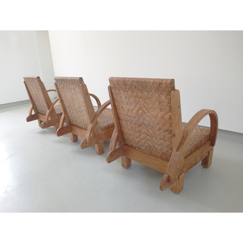 Set of 3 vintage Art Deco armchairs in fruit wood and canework, France 1930