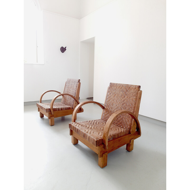 Set of 3 vintage Art Deco armchairs in fruit wood and canework, France 1930