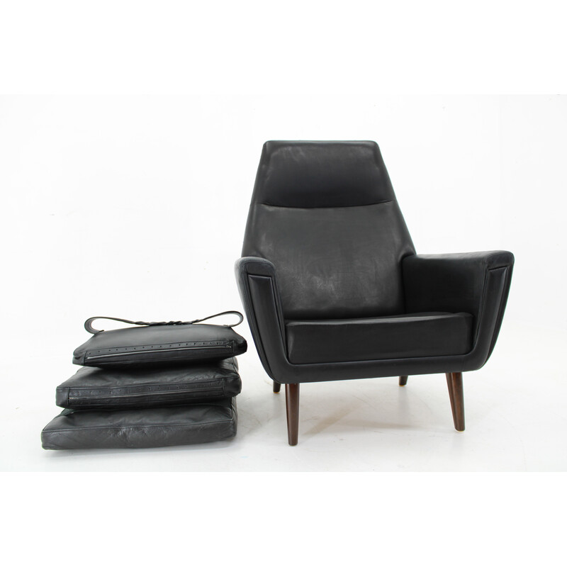 Vintage Sessel mit hoher Rückenlehne aus massiver Buche und Leder, Dänemark 1970