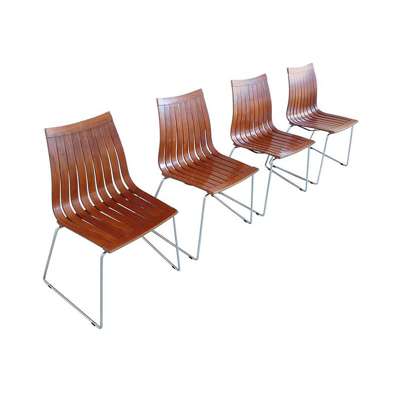 Set of 4 vintage Tønnestav dining chairs in veneered slats by Kjell Richardsen for Tynes Møbelfabrikk, Norway 1960