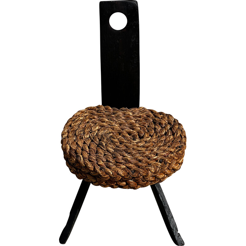 Vintage oak and raffia fireplace stool by Adrien Audoux and Frida Minet, 1950