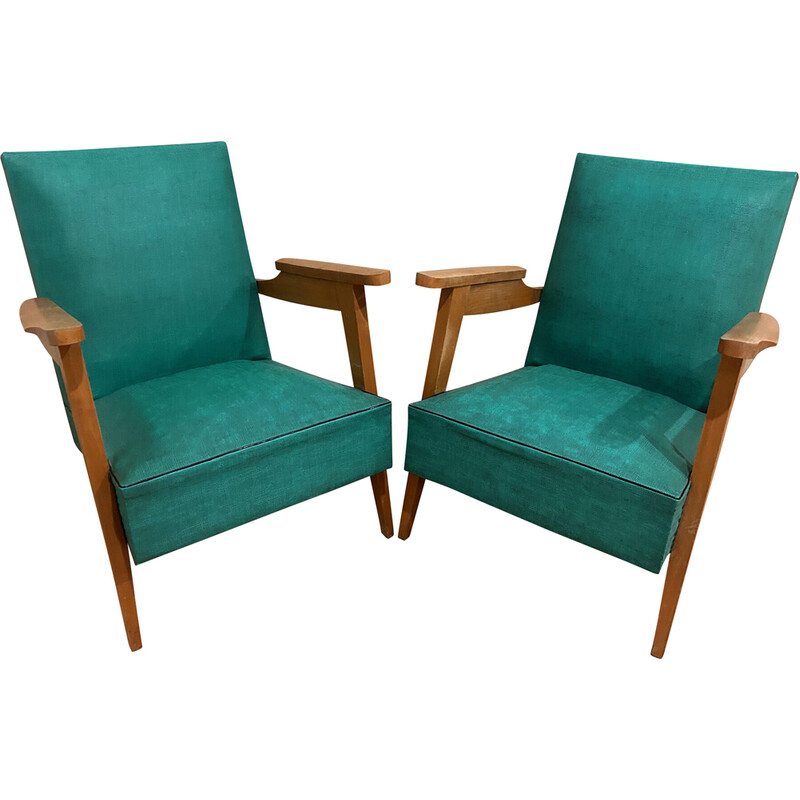 Pair of vintage armchairs in blond oak, 1950