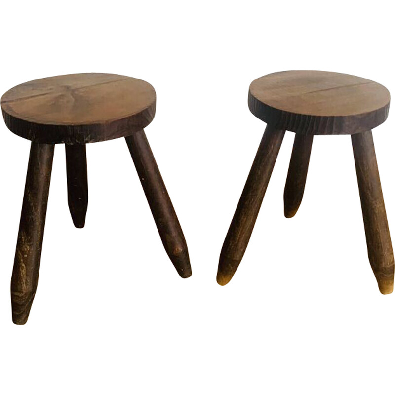Pair of vintage tripod stools with round seats and pencil feet